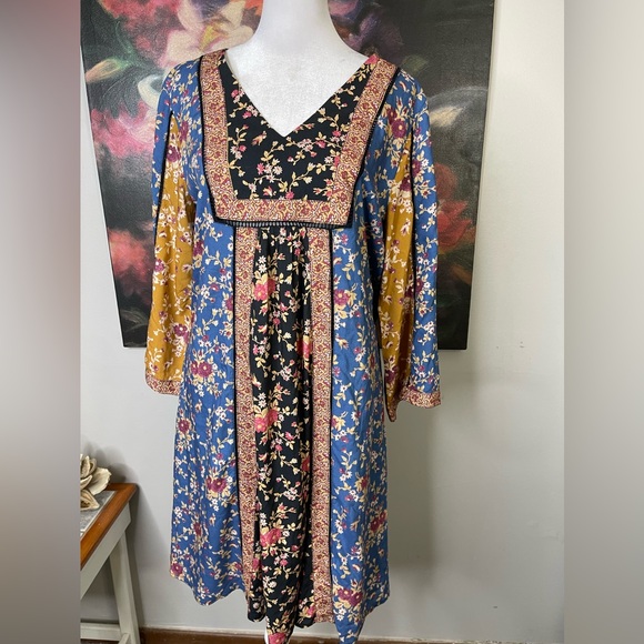 Sundance Sweet Whispers Boho Mix Print Mini Swing Dress S Long Sleeve worn once - Picture 2 of 12